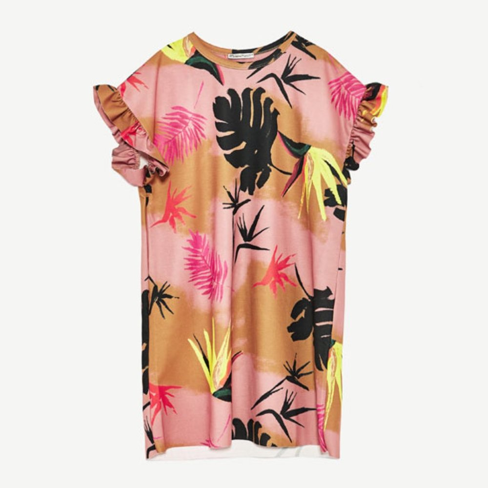 Zara NWT Pink Leaf Print Colourful Summer Dress